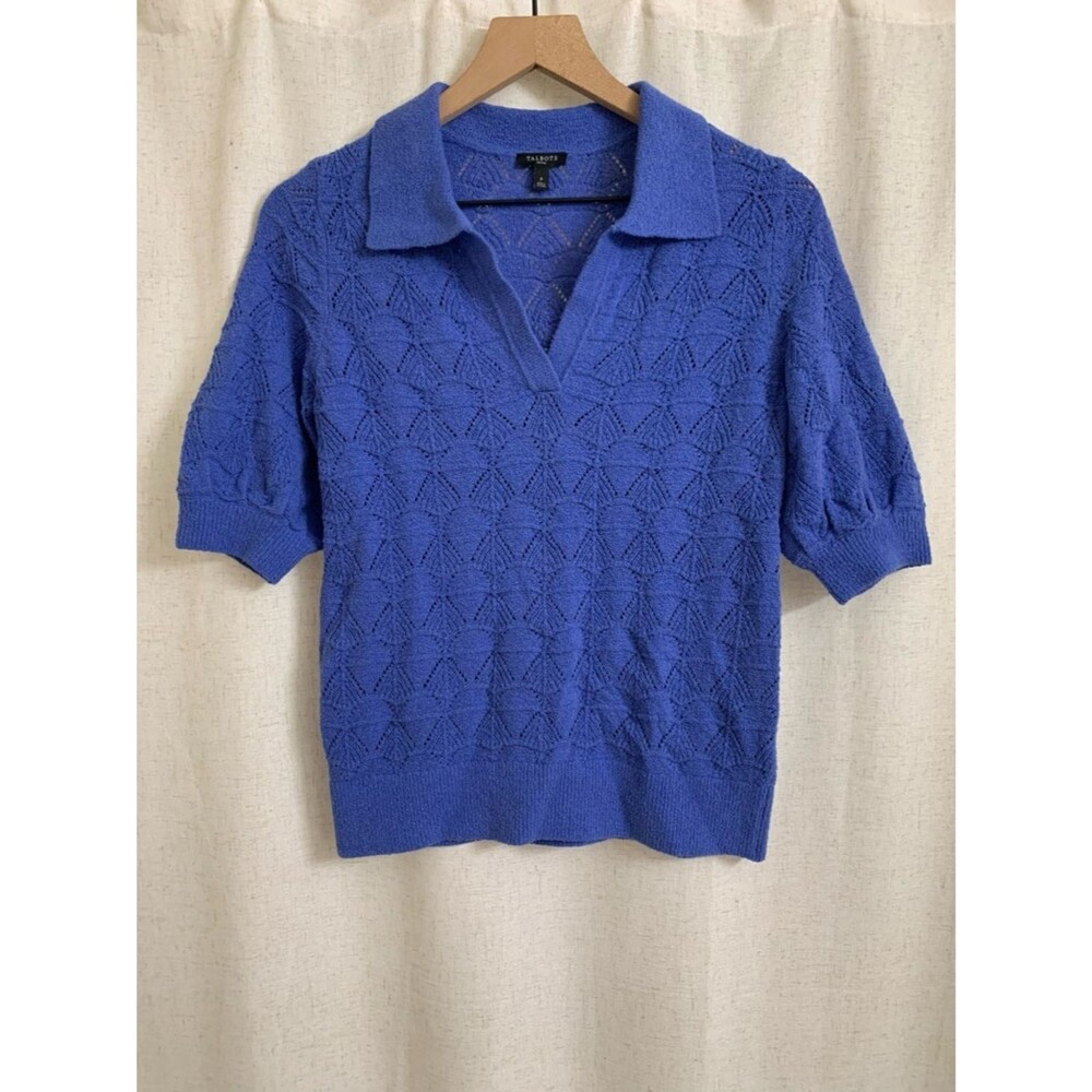 Talbots Petite Open Polo Knit Sweater Top Johnny Collar Biscayne Blue Size P - Picture 2 of 7